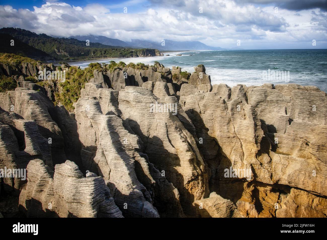 Punakaiki Pancake Rocks along the West Coast Region of the South Island, New Zealand. Stock Photo