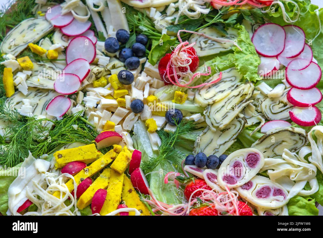 Mix Cheese Variety Fruits and Vegetables Selection Food Platter Buffet