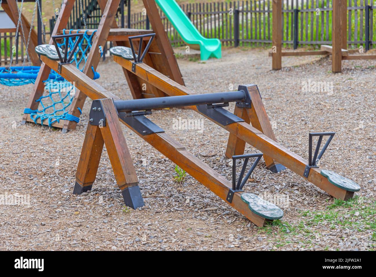 Strong Wooden Seesaw at Kids Outdoor Park Playground Stock Photo Alamy