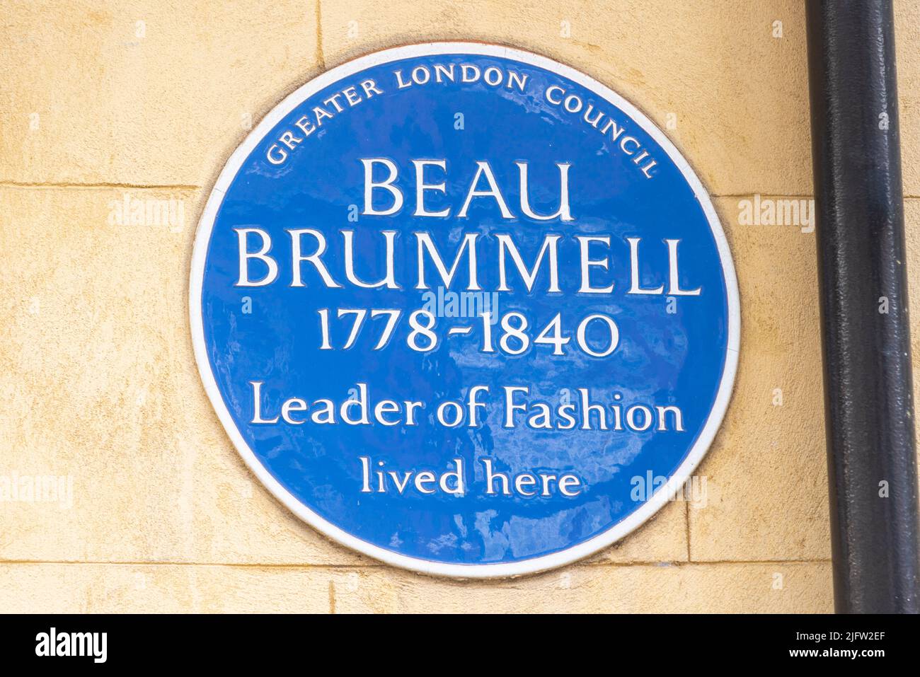 Beau Brummell, blue plaque. Honoured by Greater London Council honouring the leader of fashion who lived here Stock Photo