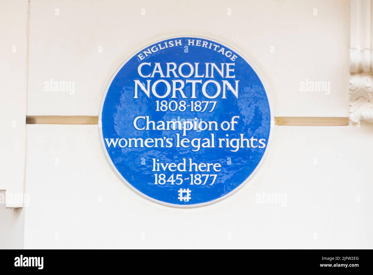 Caroline Norton, blue plaque. Honoured by English Heritage honouring the champion of women's legal rights who lived here Stock Photo