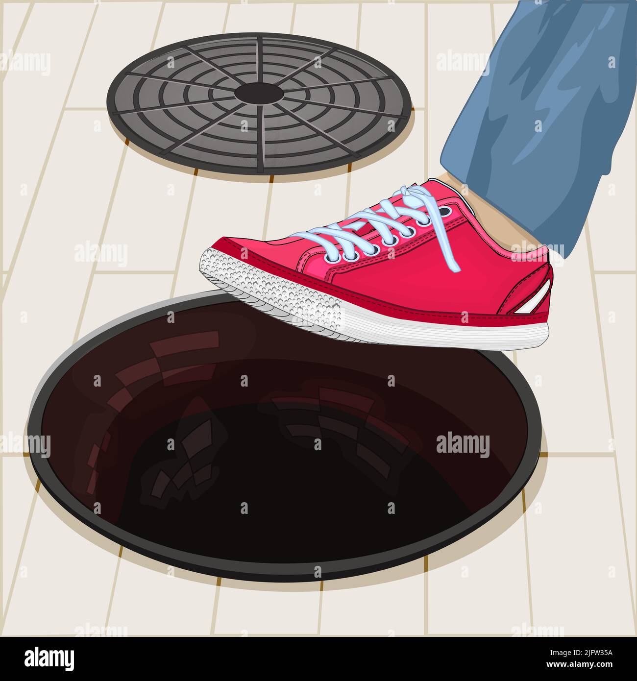 Human leg on open manhole.Man step in sewer hole.Risks, accident, pedestrian safety and insurance concept.Careless men ignoring exposed manhole.Vector Stock Vector