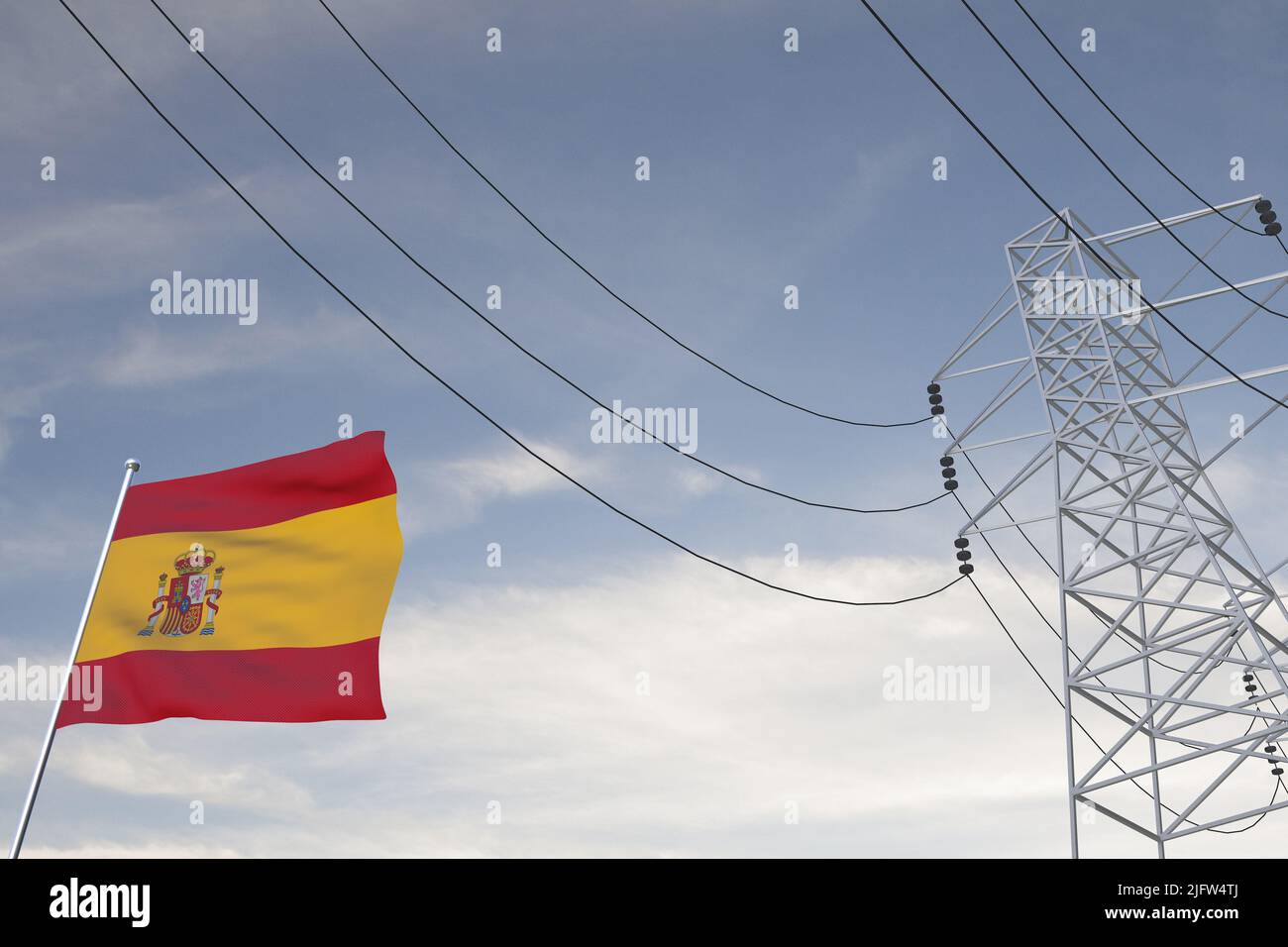 Electricity consumption and production in countries with the flag of SPAIN 3D render. Stock Photo