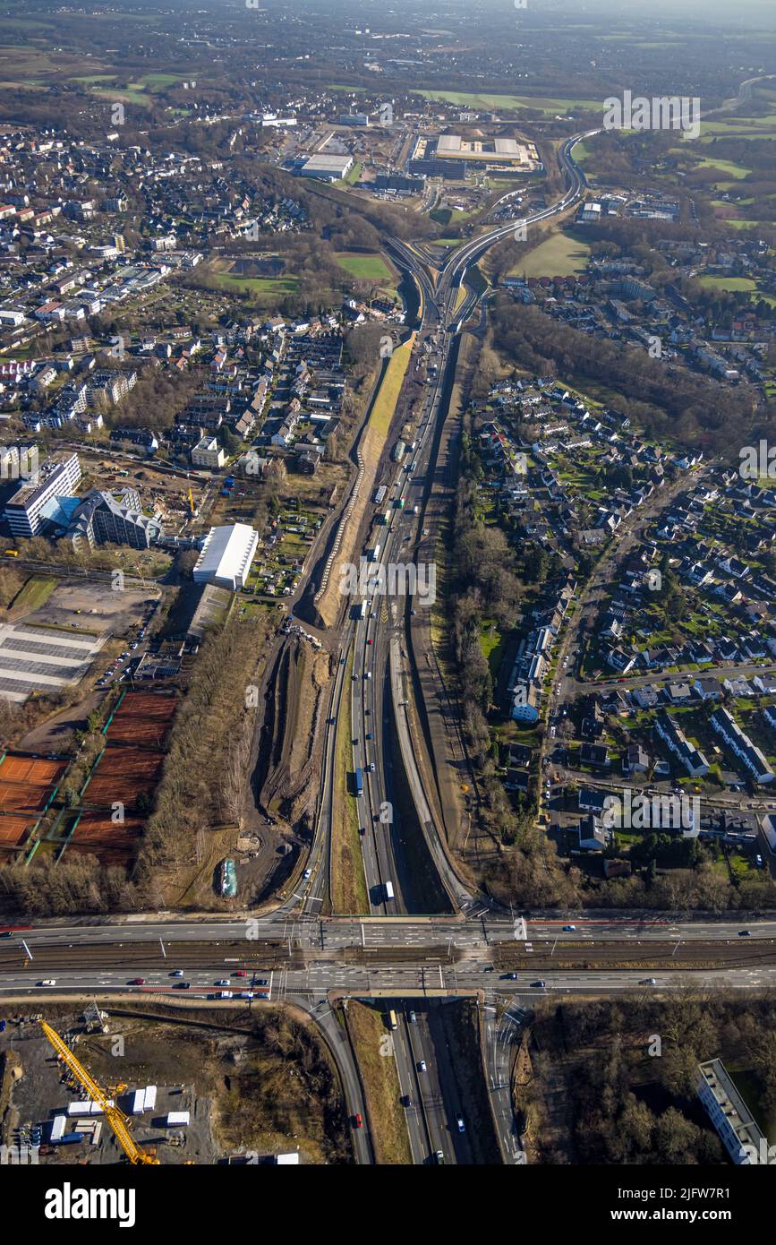 Aerial view, intersection area Universitätsstraße and motorway A448 with view on construction site industrial area Mark 51/7 in the district Wiemelhau Stock Photo