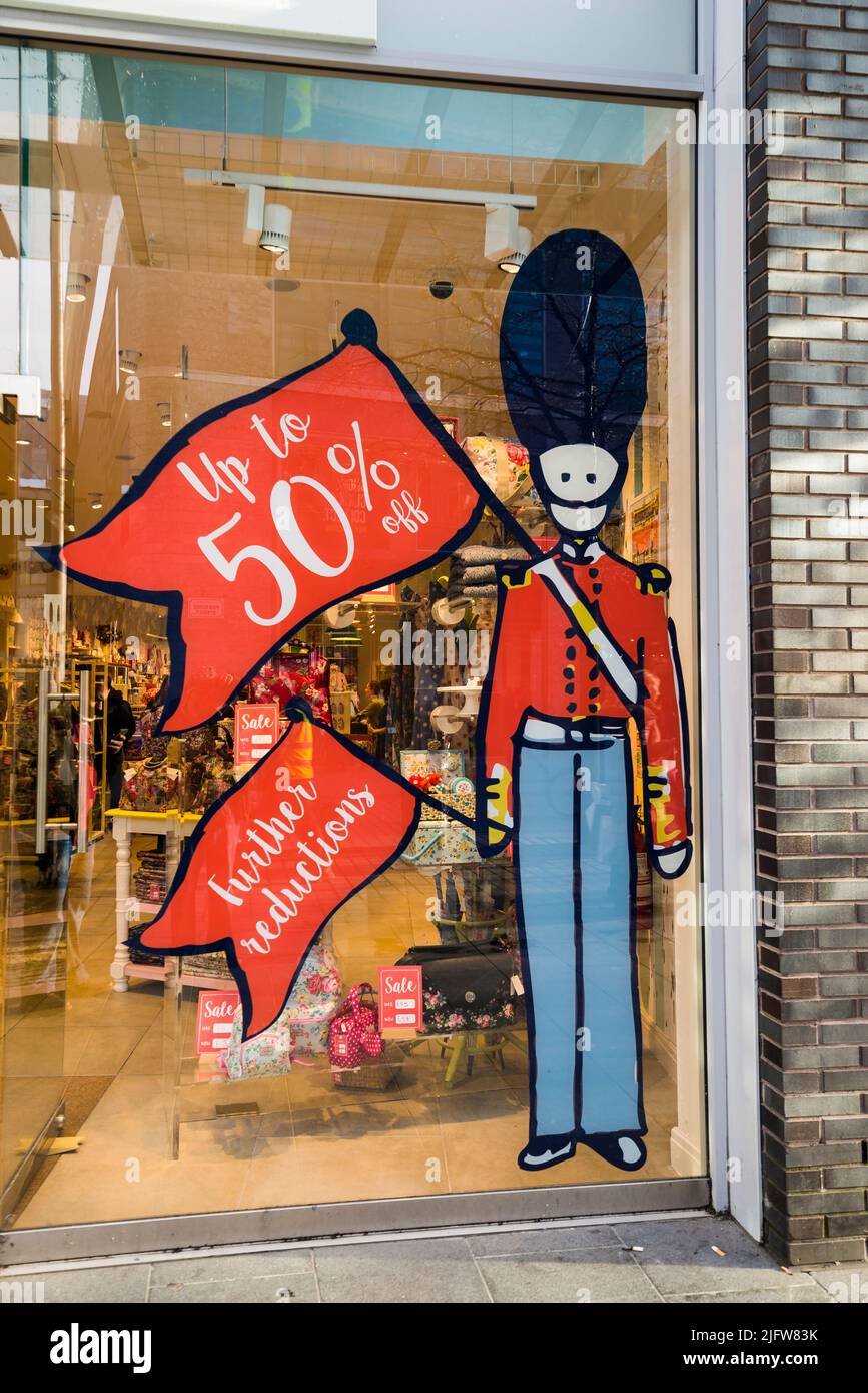 Sign Sale up to 50 percentage off in shop window display. Liverpool ONE