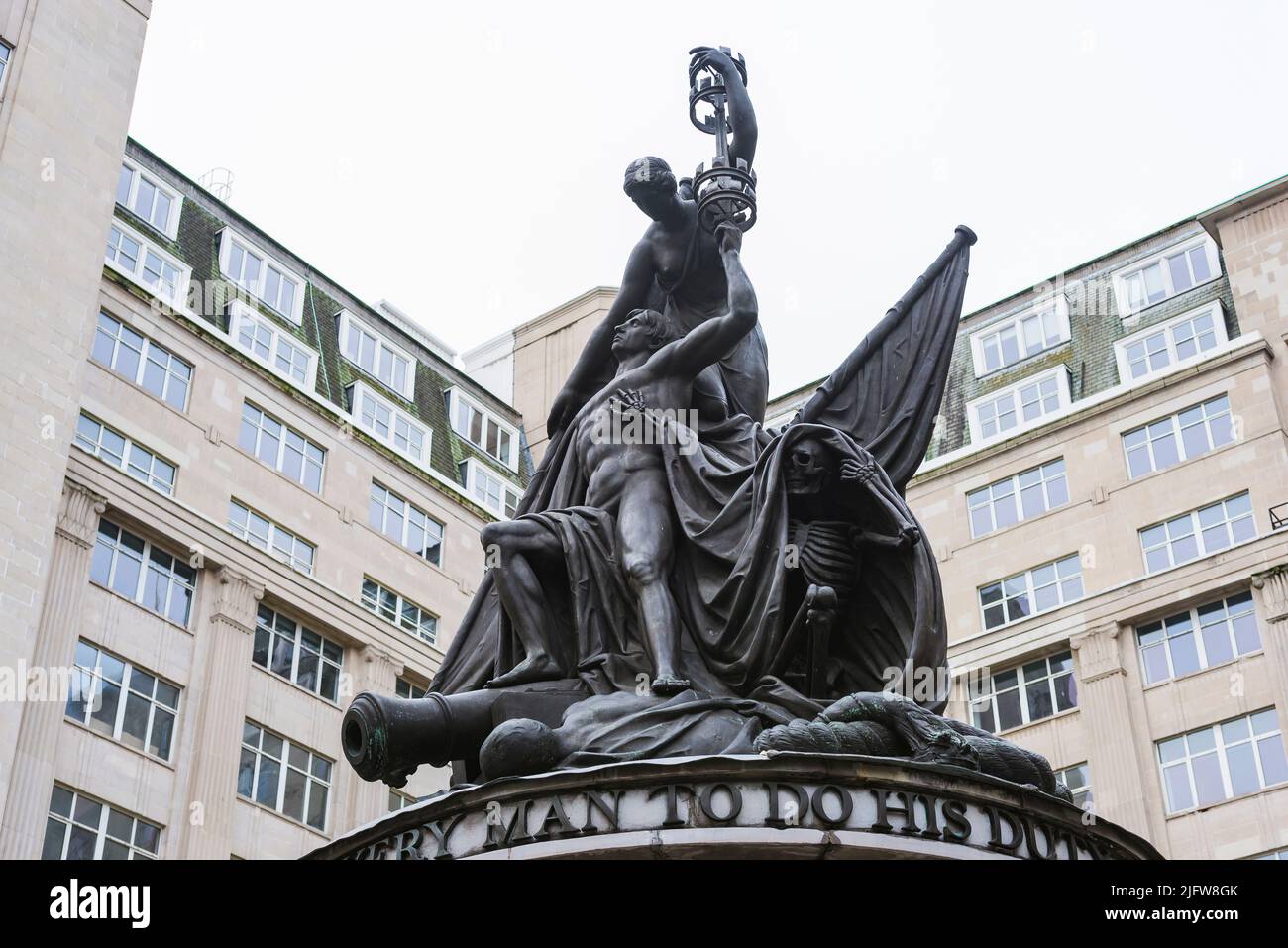 The Nelson Monument is a monument to Admiral Horatio Nelson, in Exchange Flags, Liverpool, England. It was designed by Matthew Cotes Wyatt and sculpte Stock Photo