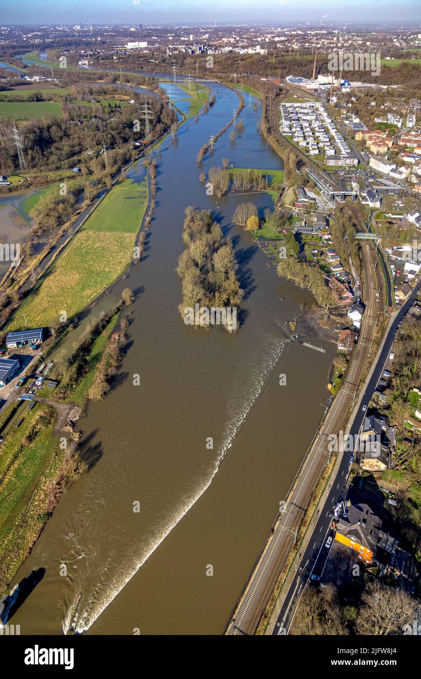 Aerial photograph, flood and inundation Ruhr river at Ruhrauenpark Dahlhausen as well as LDSV clubhouse Linden-Dahlhauser Schwimmverein in the distric Stock Photo