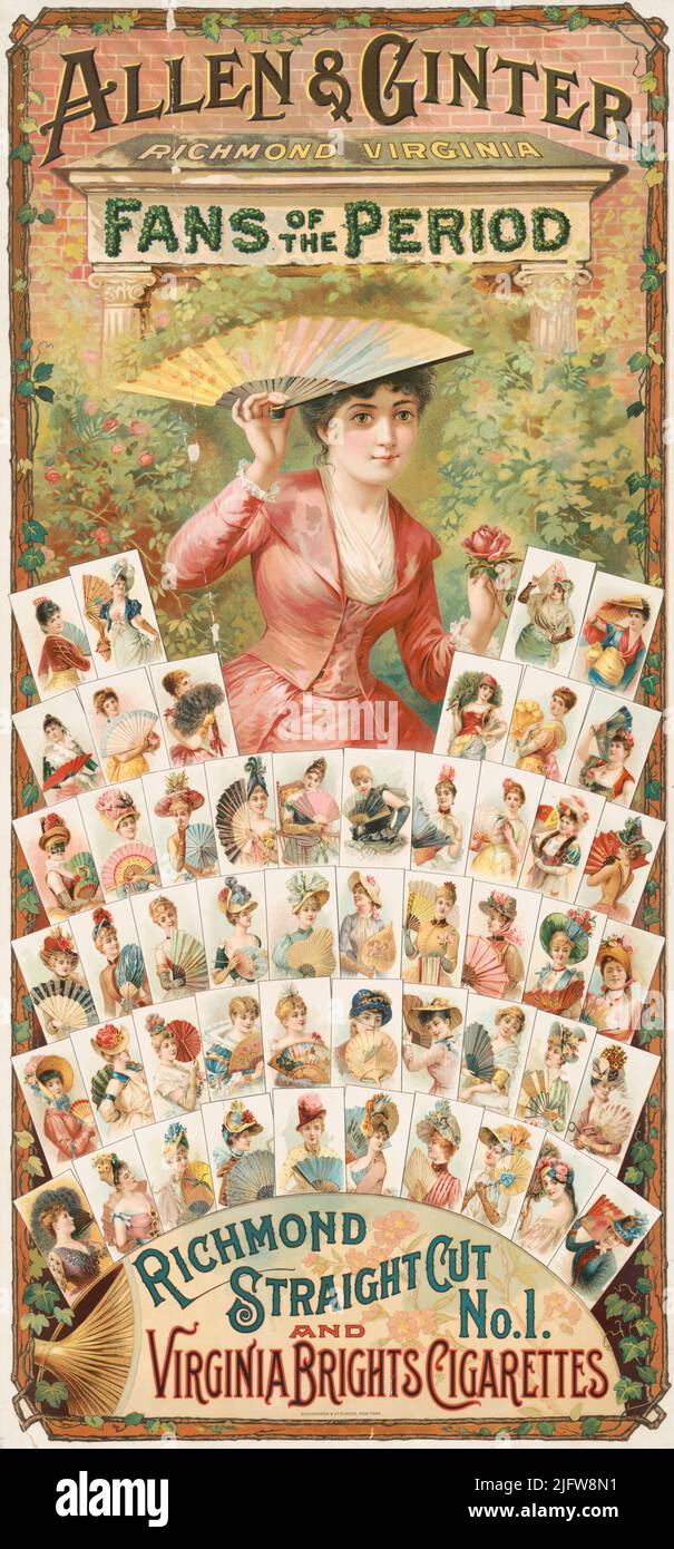 1885 ad for Allen & Ginter Richmond, Straight Cut and Virginia Brights Cigarettes, fans of the period. Lithograph by Schumacher & Ettlinger Stock Photo