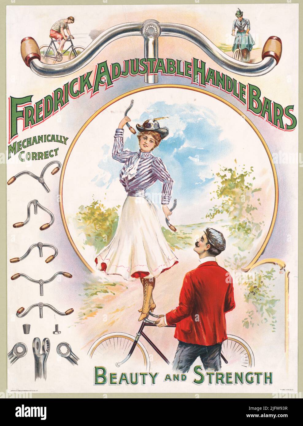19th century ad for Frederick adjustable bicycle handle bars, mechanically correct, beauty and strength. Lithograph by Gray Litho. Co Stock Photo