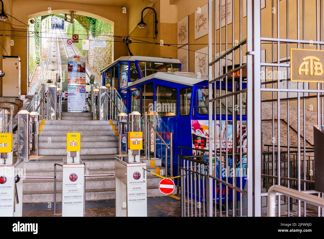 Bergamo citta alta funicolare. Train station in lower town. The Bergamo Alta funicular is one of the two funicular systems in the city of Bergamo. Bui Stock Photo