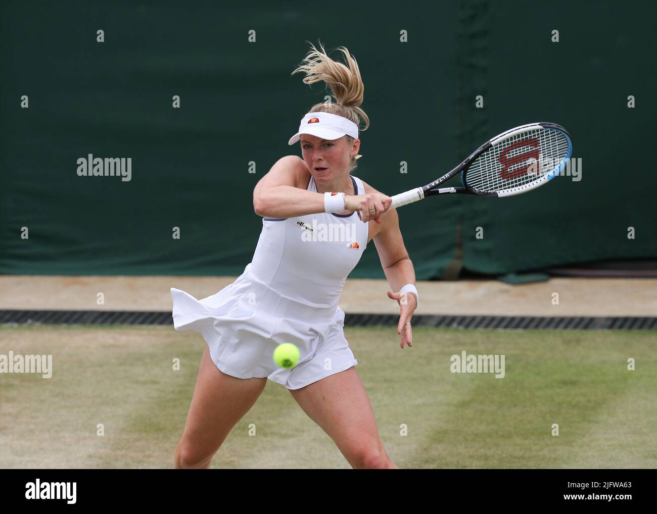 5th July 2022, All England Lawn Tennis and Croquet Club, London, England; Wimbledon Tennis tournament; Alicia Barnett (GBR) plays a forehand to Samantha Stosur (AUS) Credit Action Plus Sports Images/Alamy Live News