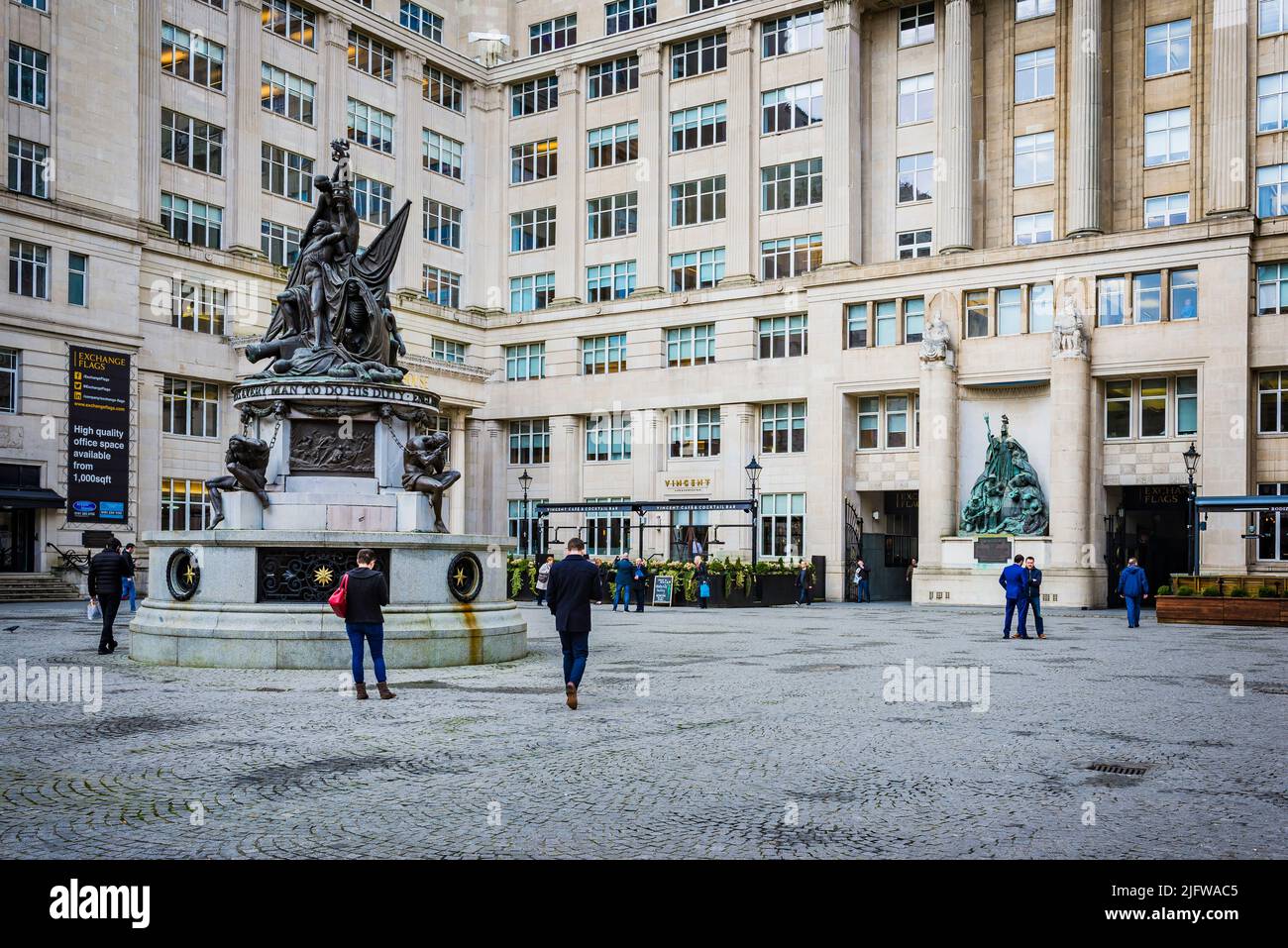 The Nelson Monument is a monument to Admiral Horatio Nelson, in Exchange Flags, Liverpool, England. It was designed by Matthew Cotes Wyatt and sculpte Stock Photo