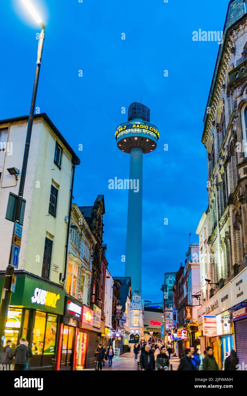 Liverpool street highlighting Radio City Tower. Radio City Tower, also known as St. John's Beacon, is a radio and observation tower in Liverpool, Engl Stock Photo