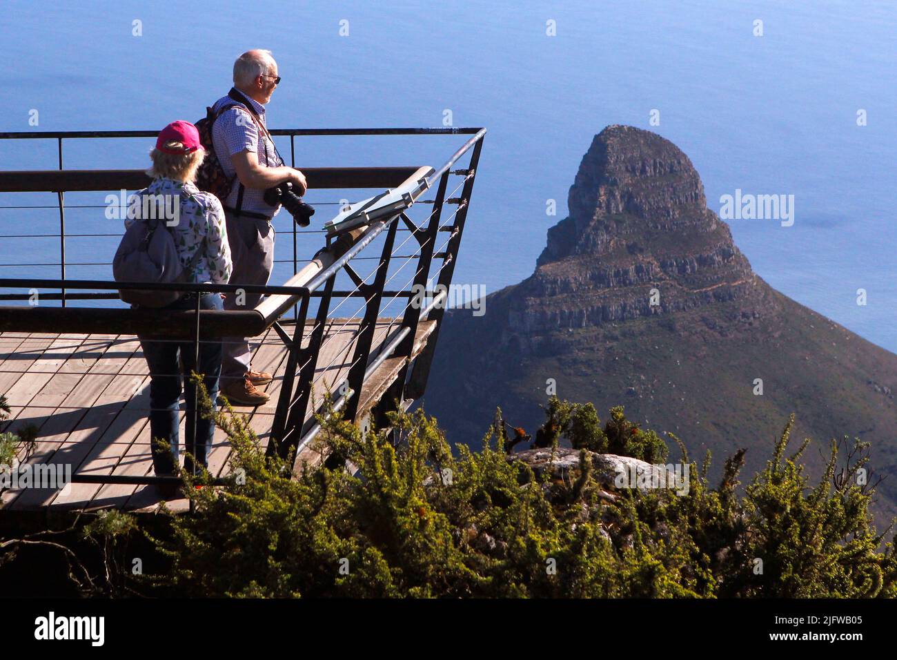 This is one of the cantilevered viewing platforms on the summit of Table Mountain in Cape Town. Stock Photo