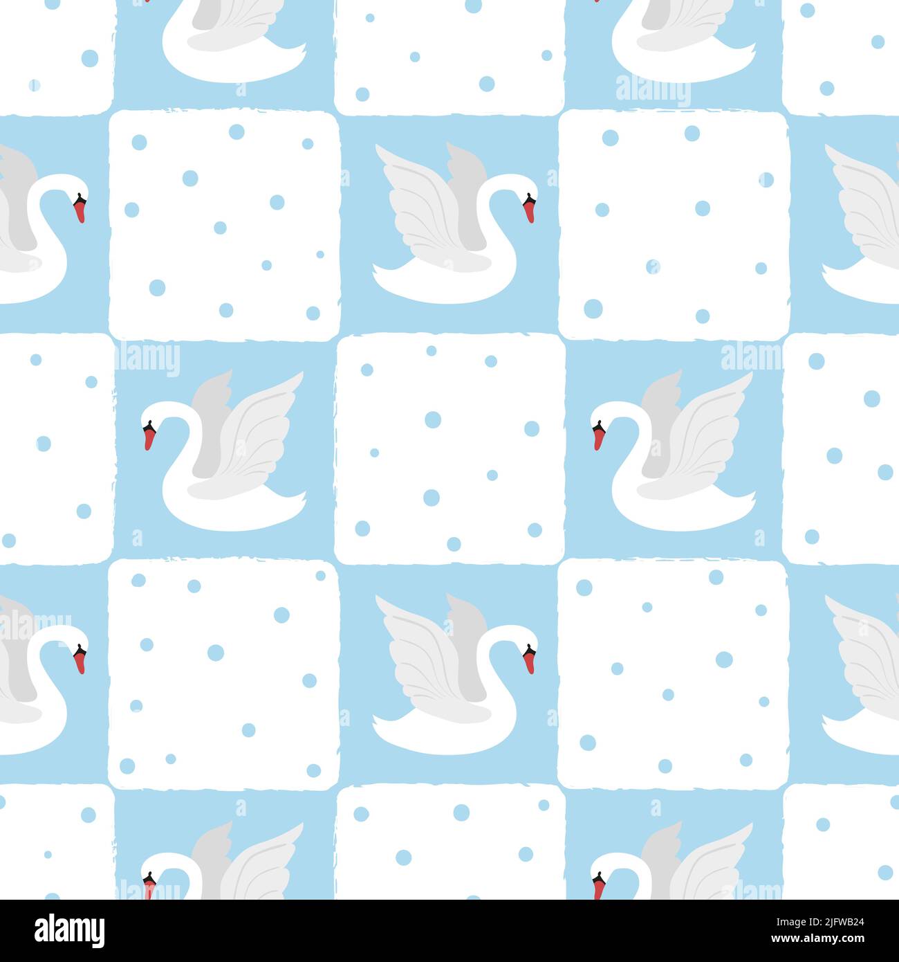 Seamless swan birds pattern. Vector baby print, checked background Stock Vector
