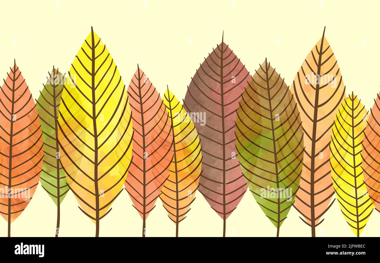 Autumn leaves seamless watercolor pattern. Vector repeating border with ...