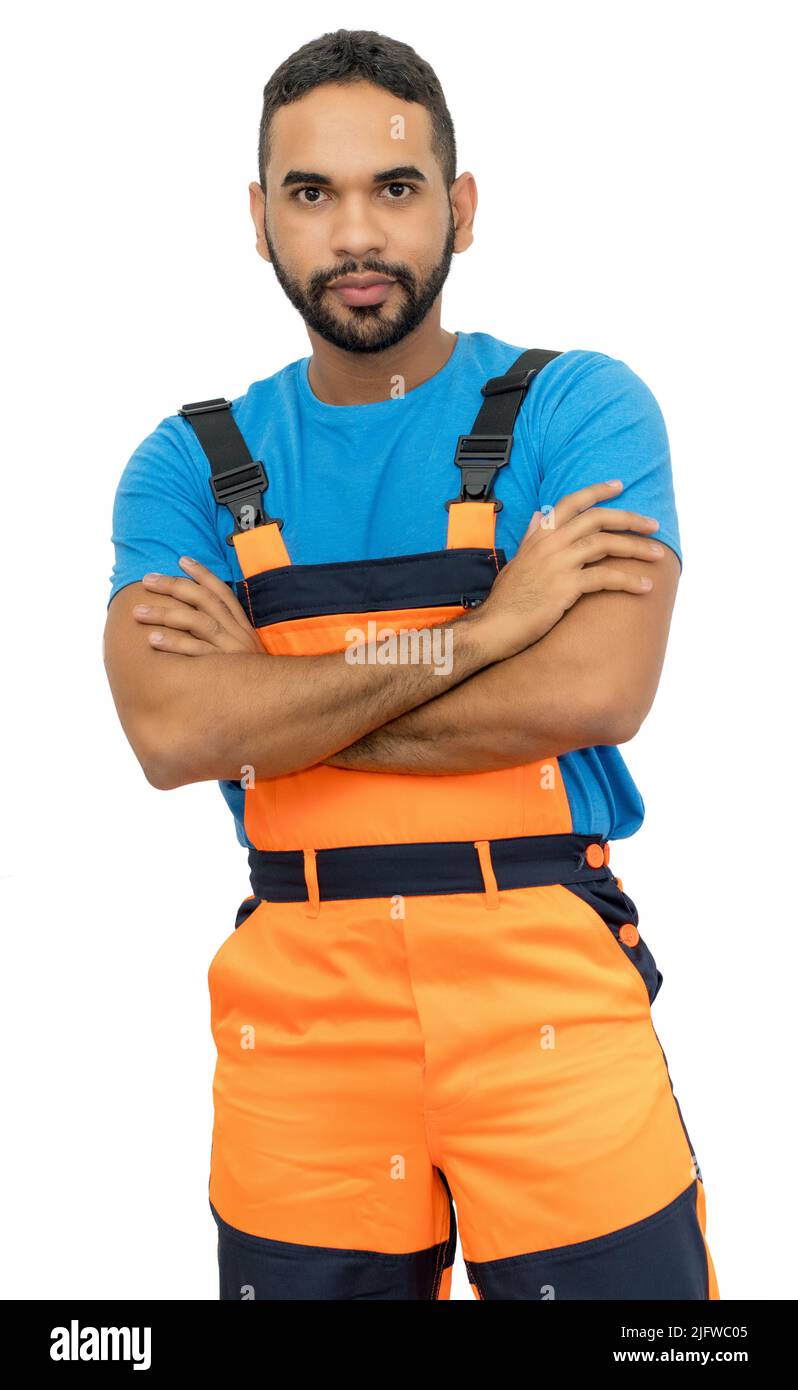 Strong hispanic construction worker with orange protective gear