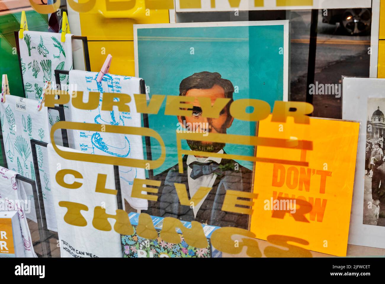 Bookstore window with Lincoln portrait, Frenchtown, New Jersey, USA