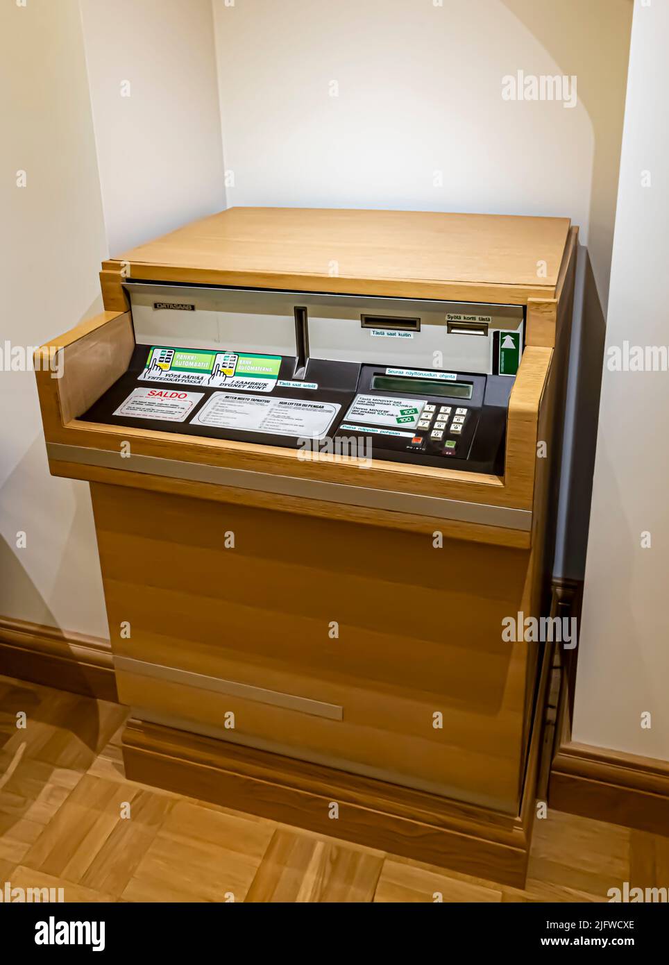 An early Union Bank of Finland Minisyp automated teller machine manufactured by Datasaab, on display in the Nordea Bank Museum in Helsinki, Finland. Stock Photo