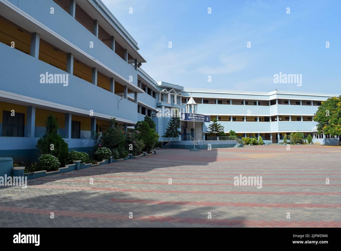A big school building and it's empty compound. Concept -Education Stock Photo