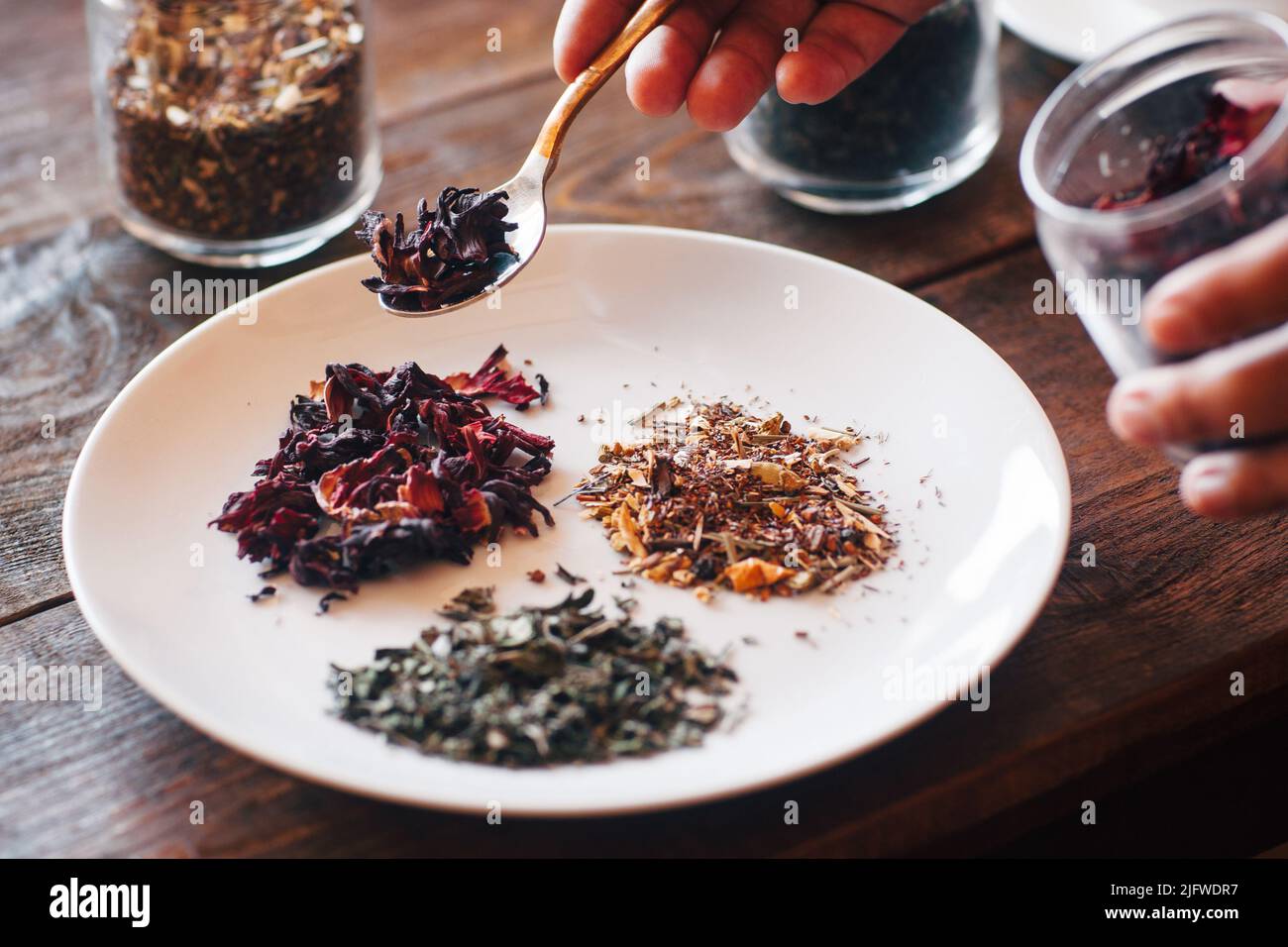 Dried herbal tea gourmet selection hot drink tasting Stock Photo