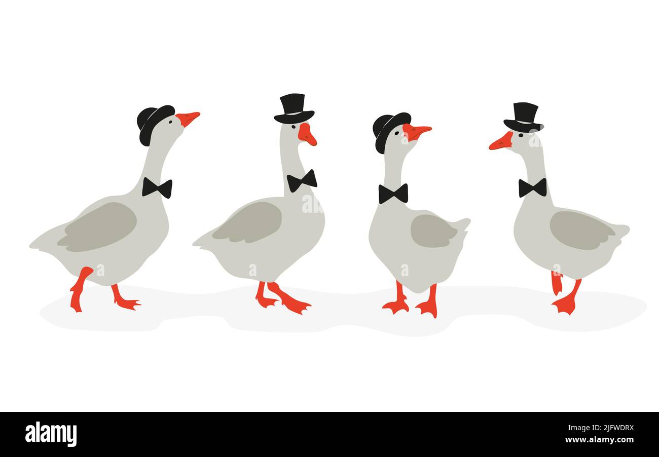 Cute cartoon geese gentlemen set.  Vector illustration of funny goose. Stock Vector
