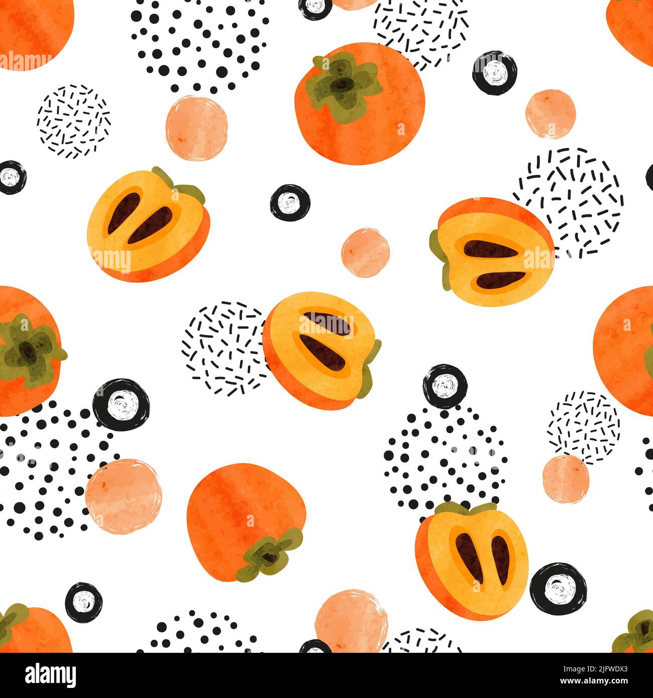 Seamless abstract pattern with persimmon fruit. Vector tropic illustration. Stock Vector