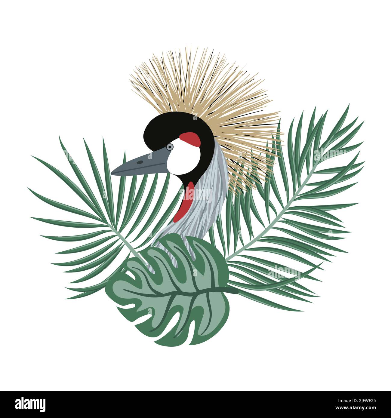 Grey crowned crane with exotic leaves. Vector Japanese bird illustration. Stock Vector