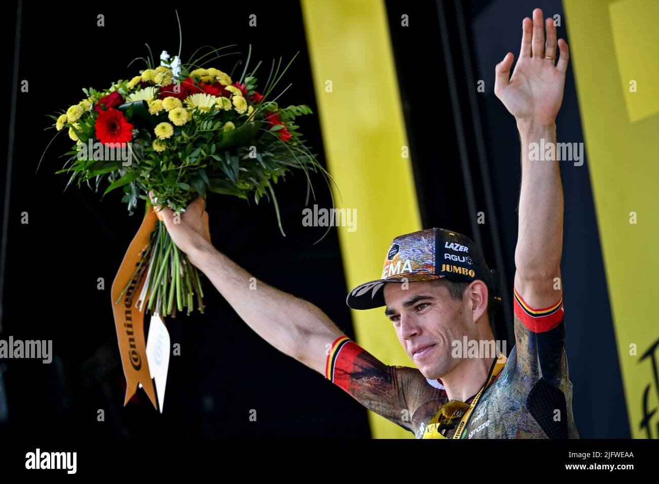 Calais, France,05 July 2022. Belgian Wout Van Aert of Team Jumbo-Visma celebrates on the podium after winning stage four of the Tour de France cycling race, a 171.5 km race from Dunkerque to Calais, France on Tuesday 05 July 2022. This year's Tour de France takes place from 01 to 24 July 2022. BELGA PHOTO JASPER JACOBS - UK OUT Stock Photo