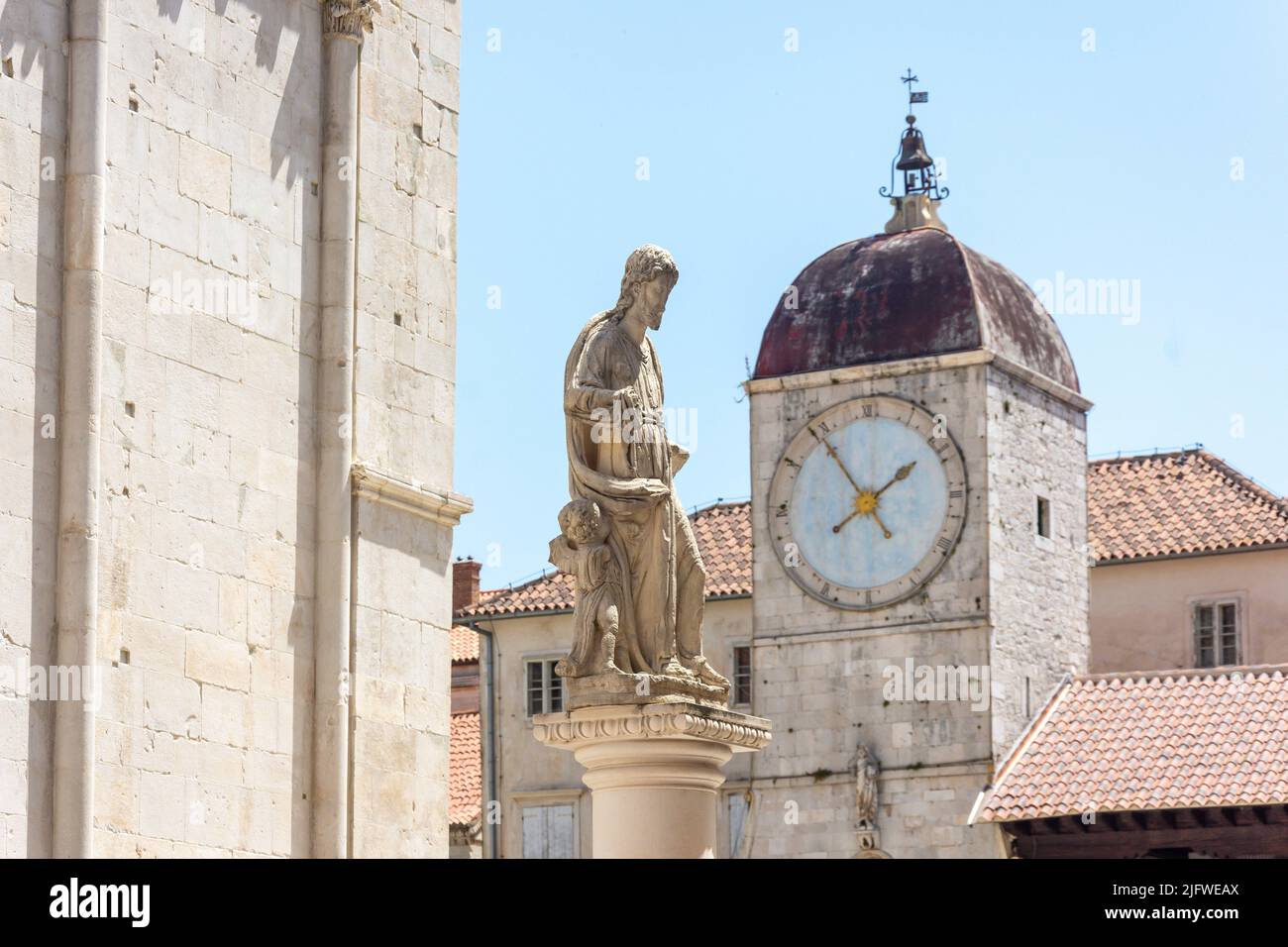 Church of St Sebastian clock tower from Trogir Cathedral, Kula Sv Marka, Old Town, Trogir, Split-Dalmatia County, Croatia Stock Photo