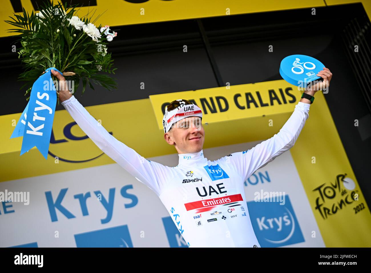 Calais, France,05 July 2022. Slovenian Tadej Pogacar of UAE Team Emirates celebrates in the white jersey for best young rider after stage four of the Tour de France cycling race, a 171.5 km race from Dunkerque to Calais, France on Tuesday 05 July 2022. This year's Tour de France takes place from 01 to 24 July 2022. BELGA PHOTO JASPER JACOBS - UK OUT Stock Photo