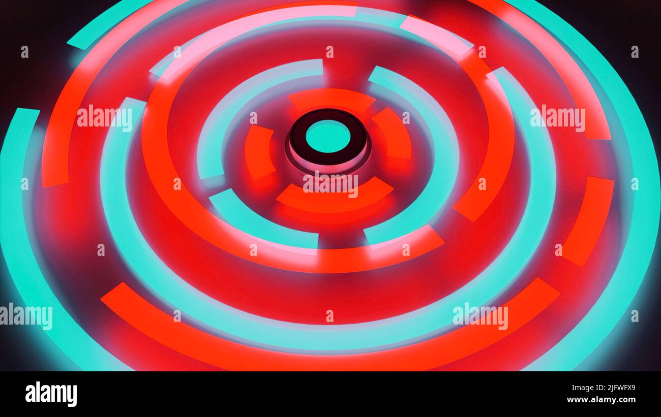 Rotating neon rings in 3D computer space. Design. Bright neon rings ...