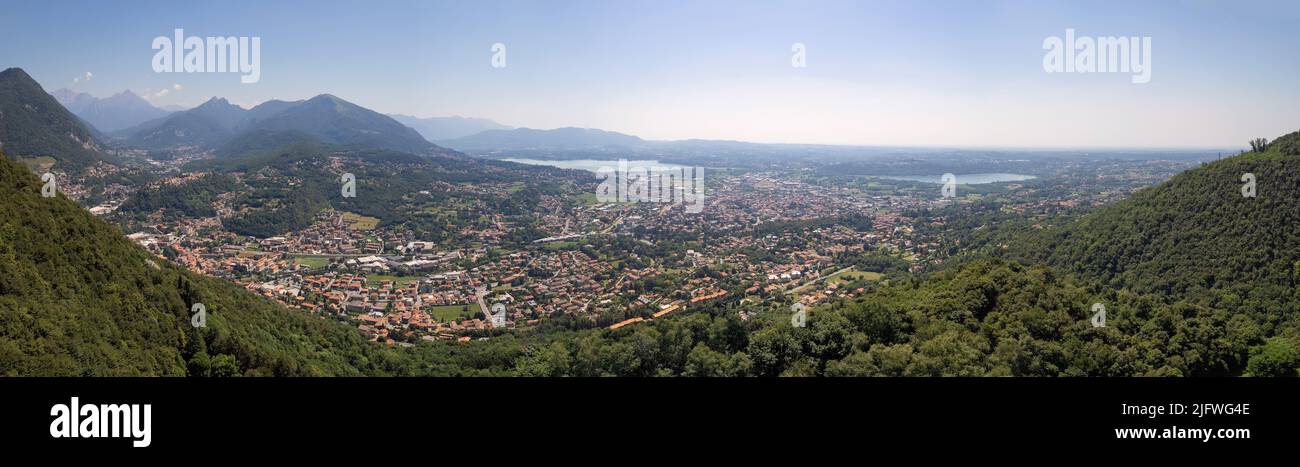 Aerial View - Landscape of Como and small alpine lakes in the background - Como, Lombardy, Italy Stock Photo
