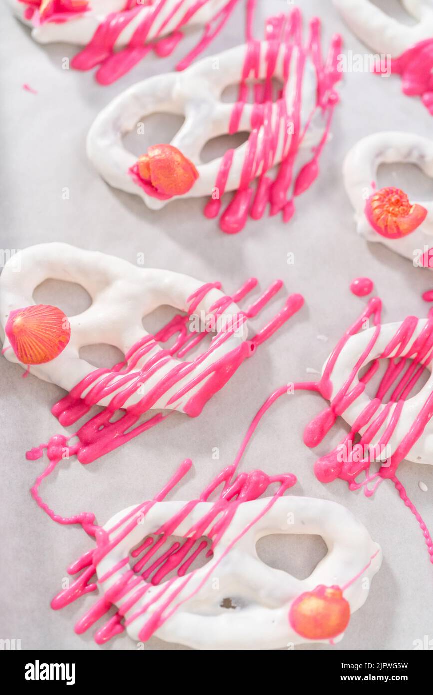 Gourmet chocolatecovered pretzel twists with seashellshaped