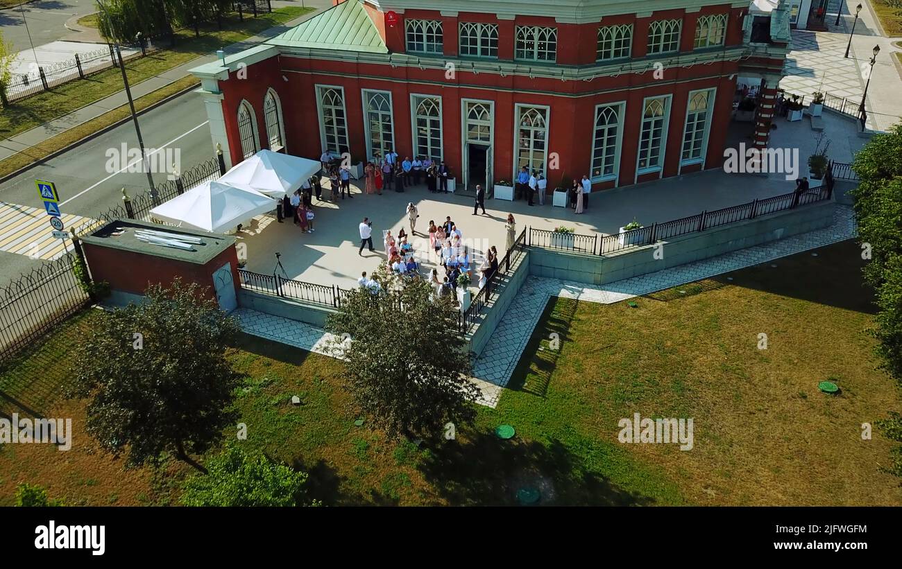 Wedding ceremony at old building. Creative. Top view of wedding at ...