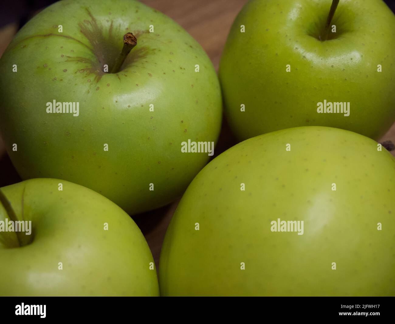 Renet simirenko green apples, top view, close-up. Macro shot of fruit. Stock Photo