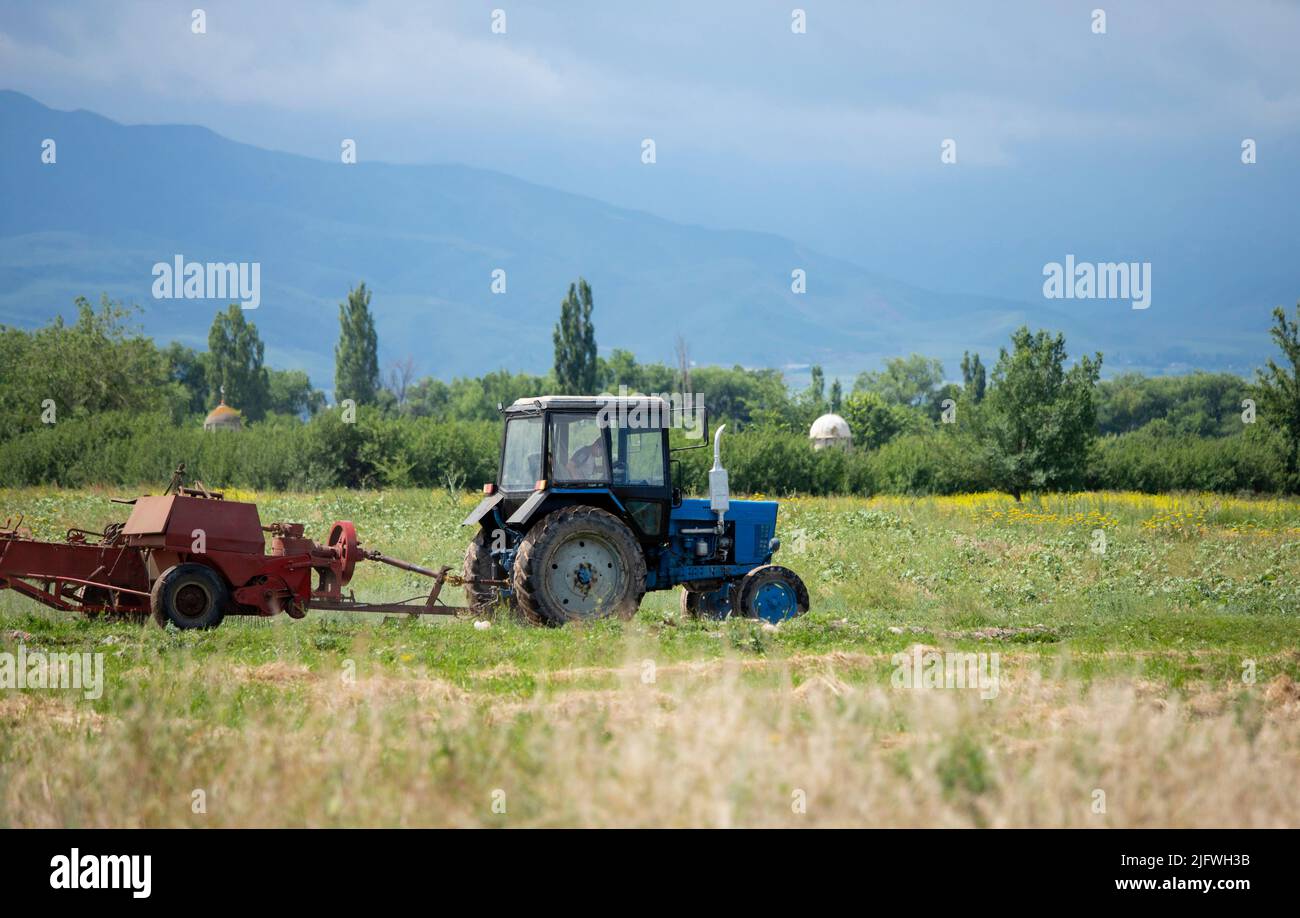An old soviet tractor working in a field in Kyrgyzstan. Stock Photo