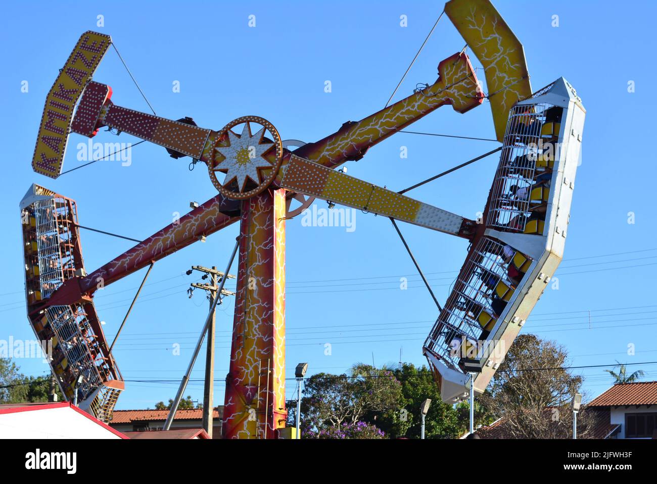 Extreme toy closed in amusement park where the participant stands upside down, Brazil, pendulum style, Brazil, South America, Latin America Stock Photo