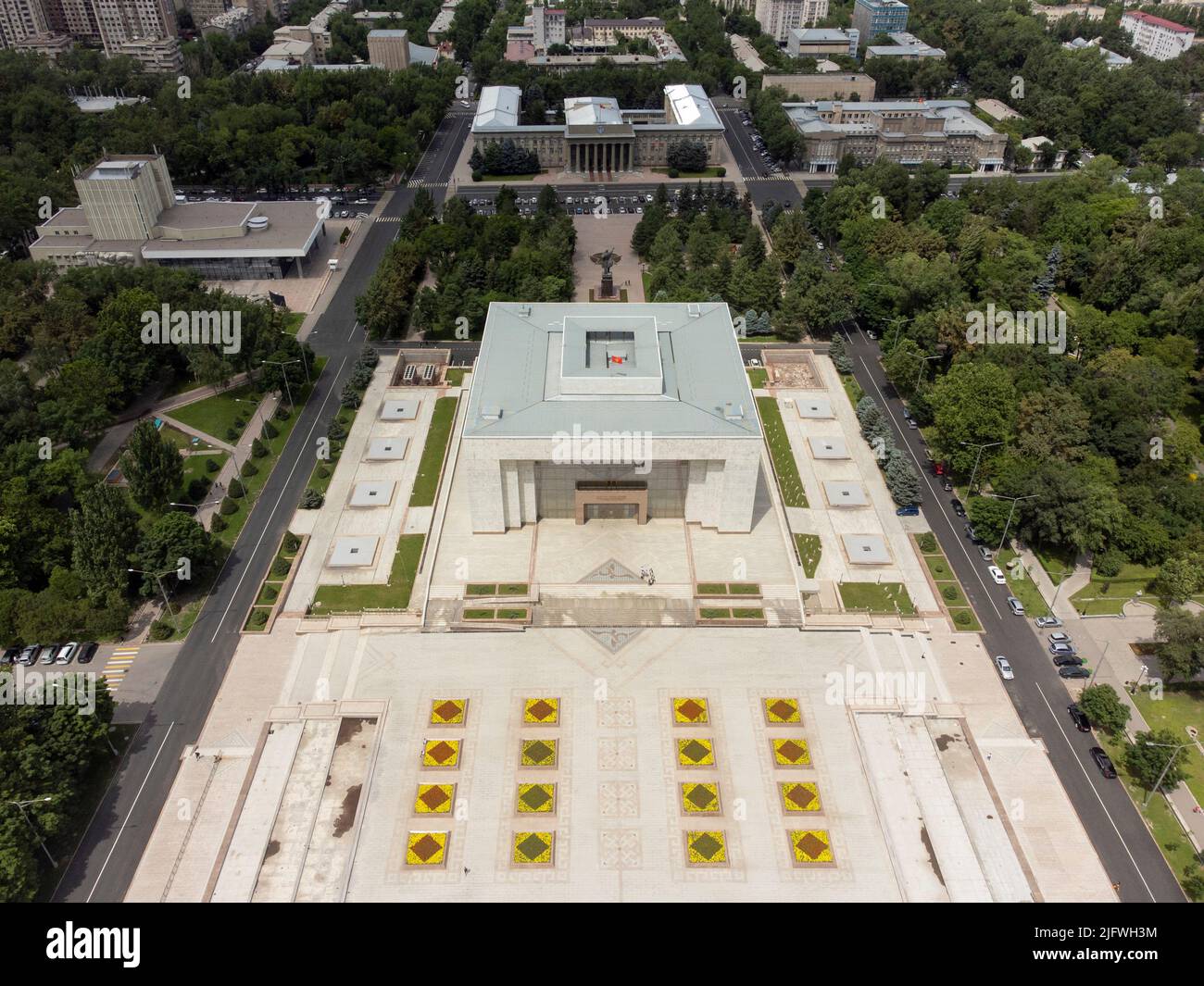 Aerial view of downtown Bishkek, Kyrgyzstan, the National Historical Museum, and the government building Stock Photo