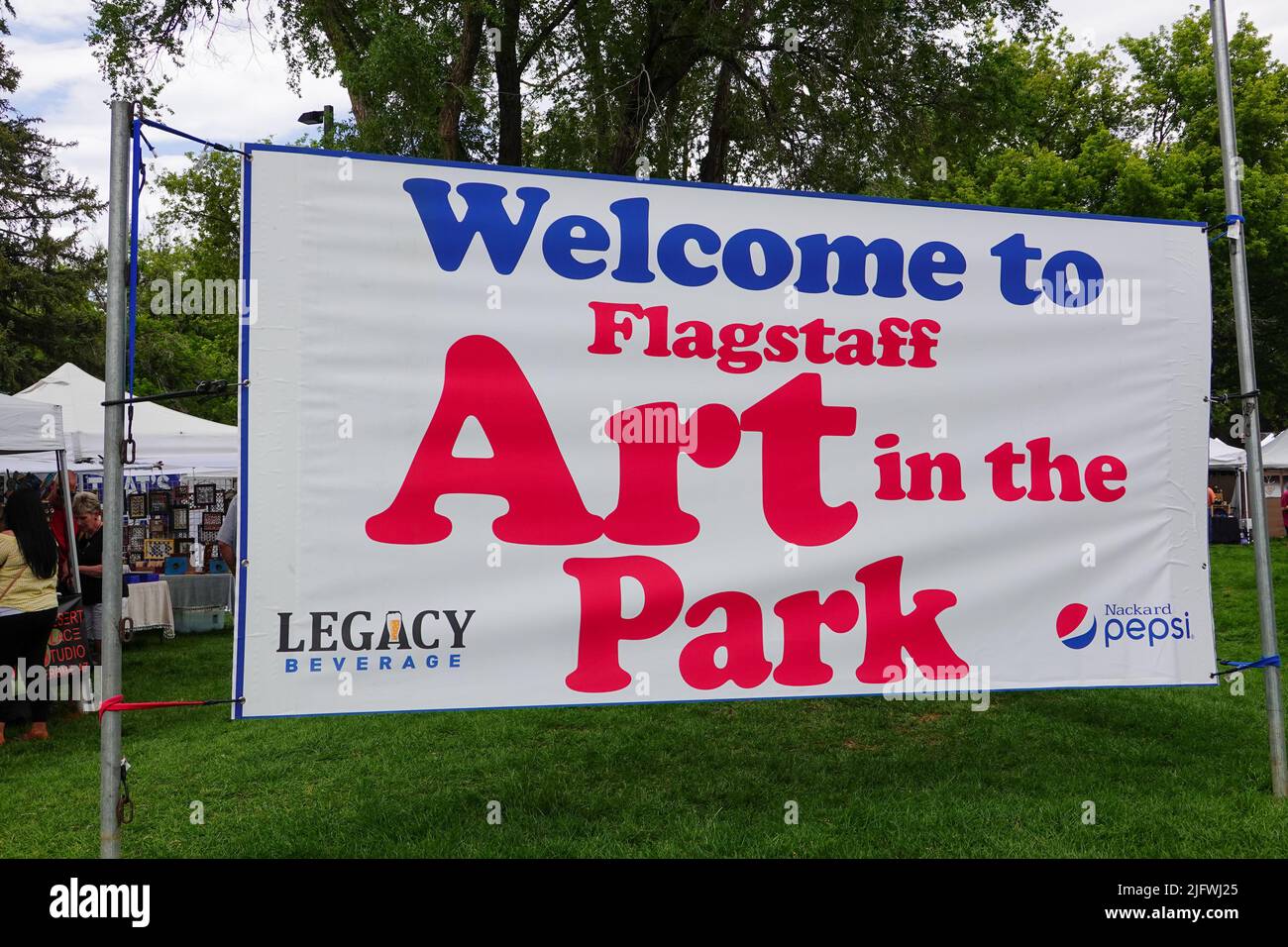 'Flagstaff  Art in the Park' is a locally owned arts and crafts festival that features tightly juried one-of-a-kind fine art and fine crafts designed and shown by the artists. The recent community festival took place Fourth of July weekend 2022 at Wheeler Park in Downtown Flagstaff, AZ, USA. Stock Photo