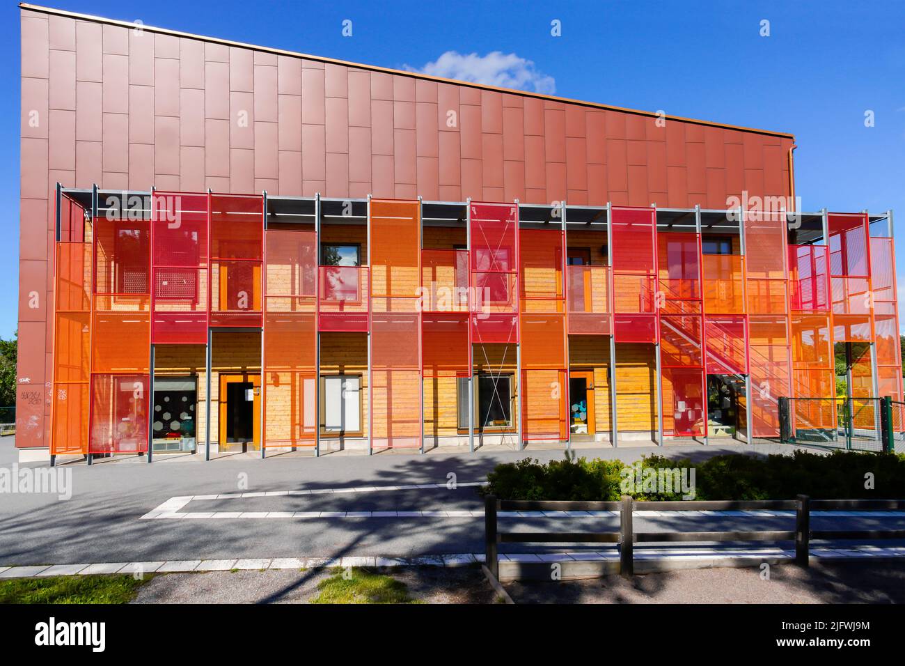 Colorful elementary school building in Ursvik (Ursvikskolan) in Sundbyberg, Sweden. Designed by Marge Architects. Stock Photo