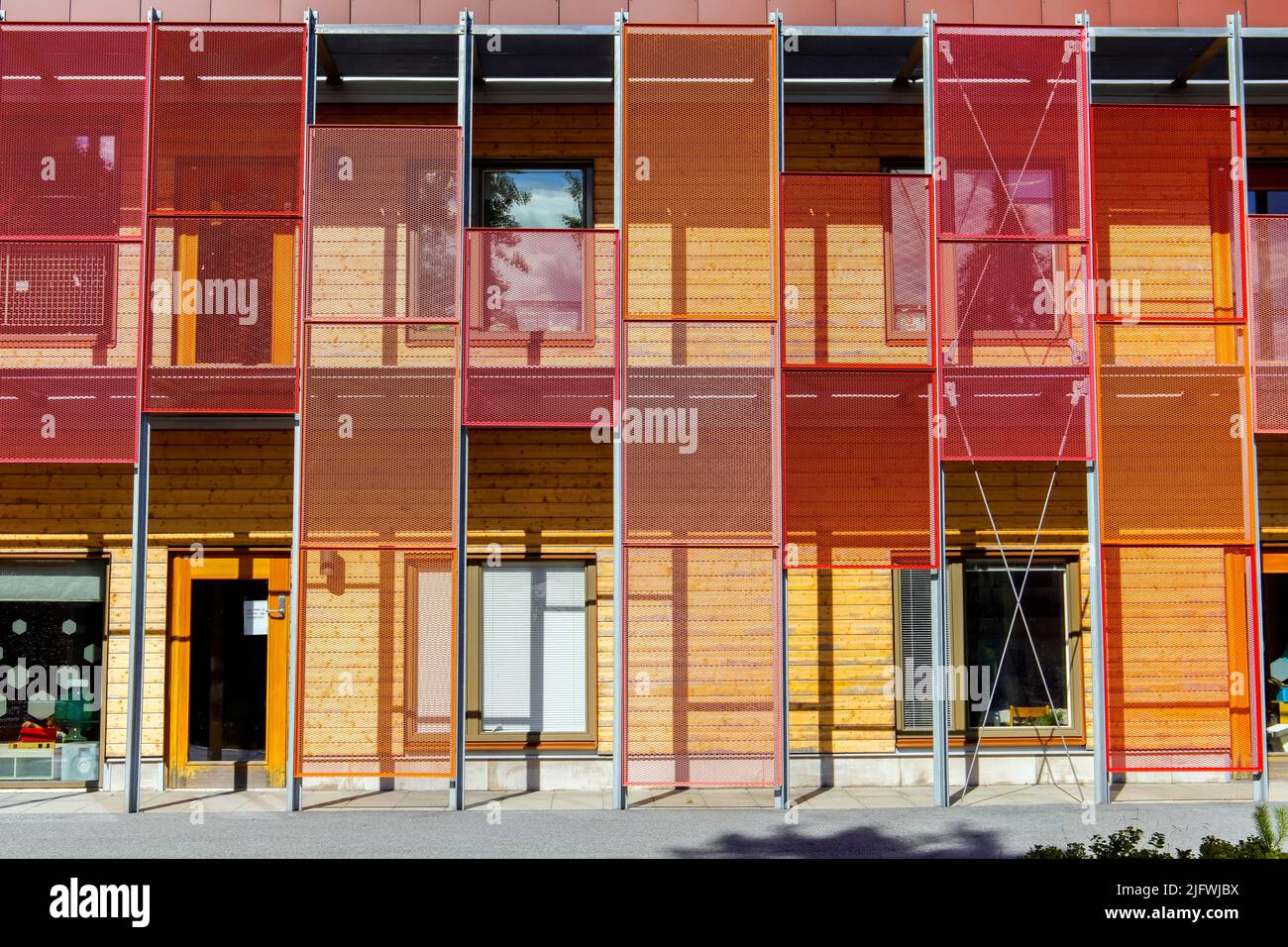 Colorful elementary school building in Ursvik (Ursvikskolan) in Sundbyberg, Sweden. Designed by Marge Architects. Stock Photo