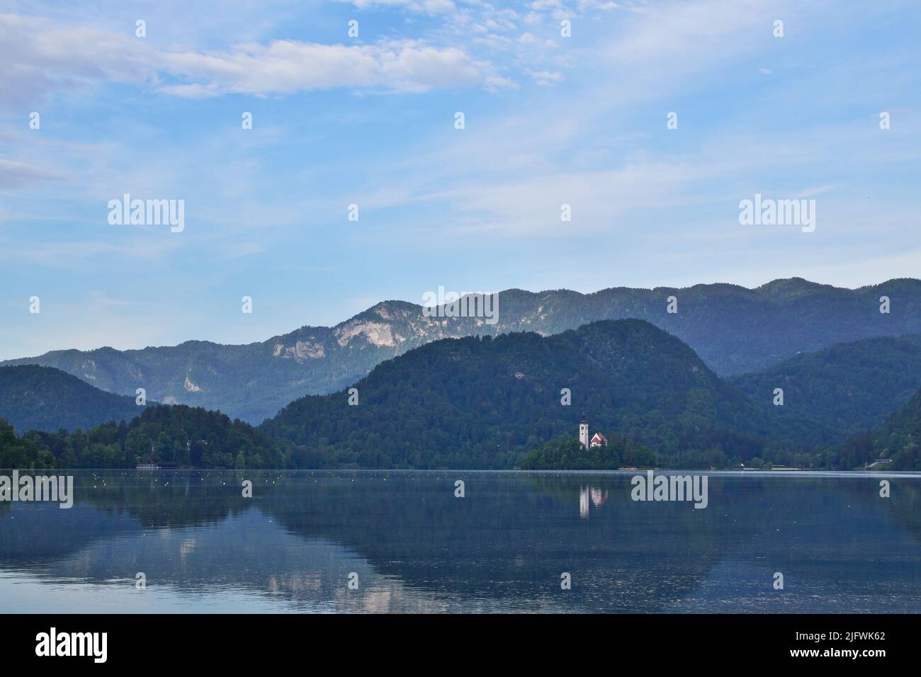 Panoramic view of Lake Bled in Slovenia on a summer morning Stock Photo