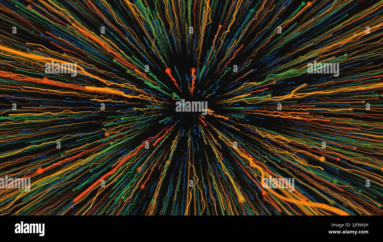 Cosmic stream of colorful lines on black background. Motion. Lot of ...
