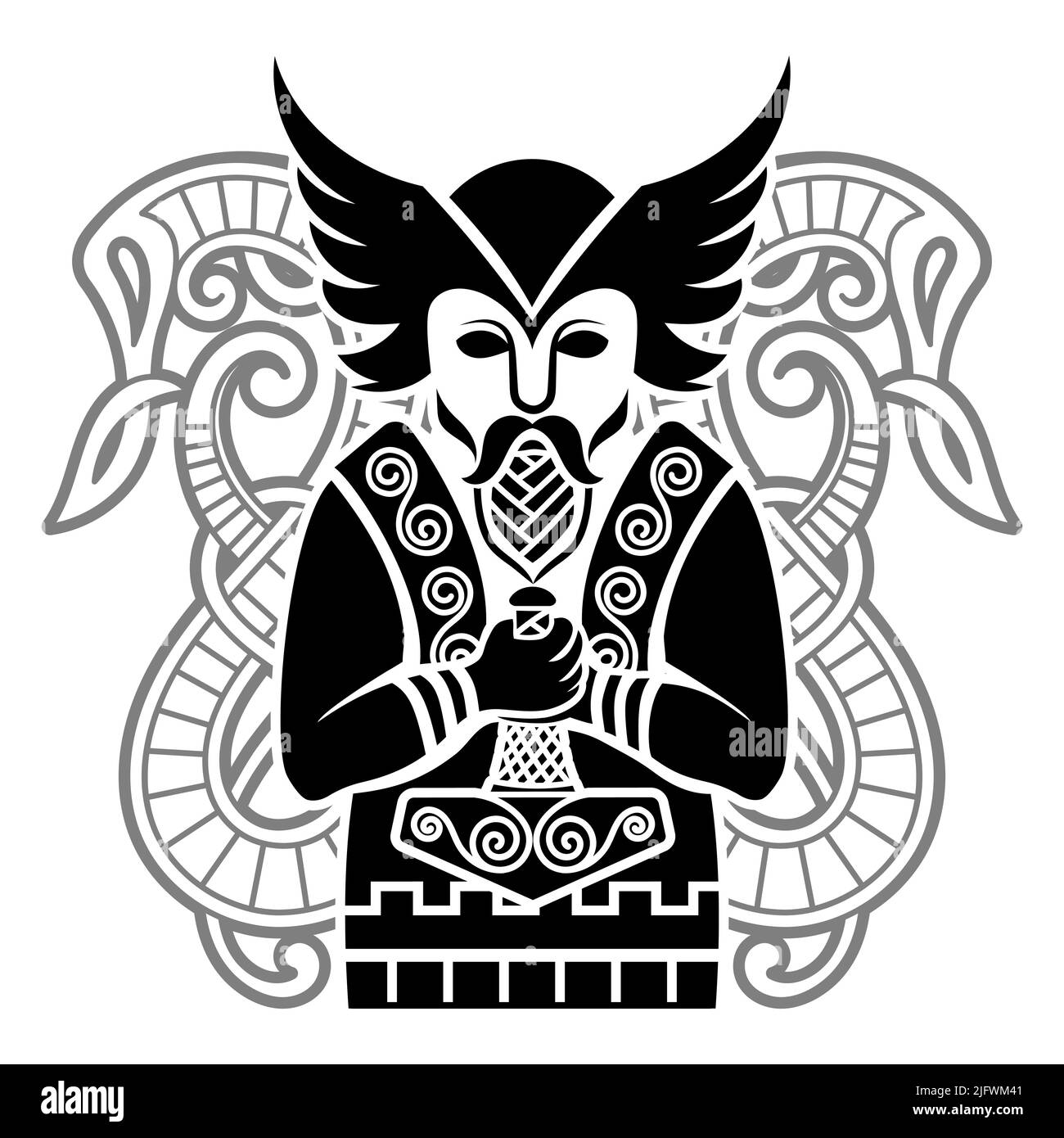 Scandinavian viking design. Old Norse God of Thunder Thor with hammer and dragons Stock Vector