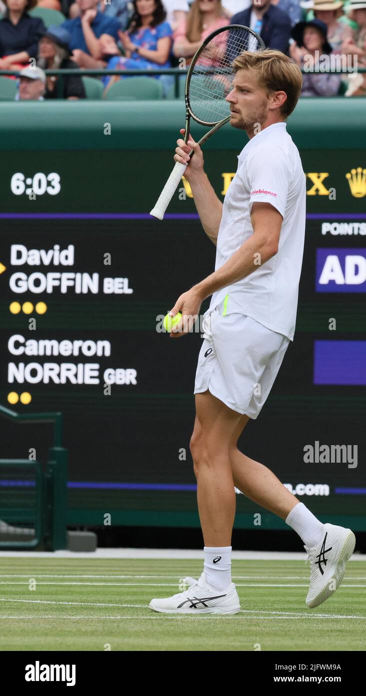 Wimbledon, UK, 05/07/2022, Belgian David Goffin pictured during a tennis  match against UK Norrie in the 1/8 finals of the men's singles tournament  at the 2022 Wimbledon grand slam tennis tournament at