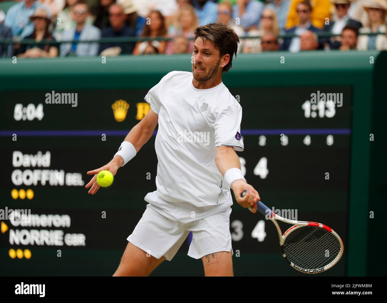 5th July 2022, All England Lawn Tennis and Croquet Club, London, England;  Wimbledon Tennis tournament; Cameron Norrie (GBR) plays a forehand to David  Goffin (BEL) Credit: Action Plus Sports Images/Alamy Live News