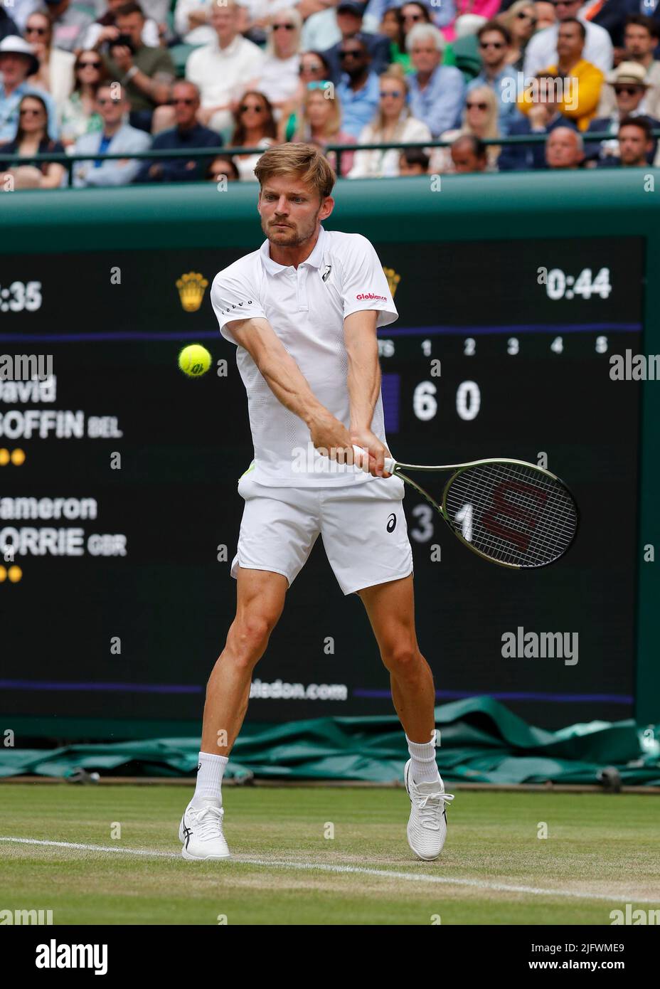 5th July 2022, All England Lawn Tennis and Croquet Club, London, England; Wimbledon Tennis tournament; David Goffin (BEL) plays a backhand to Cameron Norrie (GBR) Credit Action Plus Sports Images/Alamy Live News