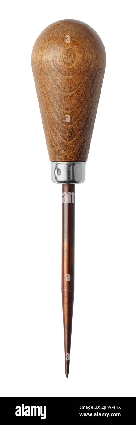 Vintage awl with wooden handle, isolated on white backgound Stock Photo