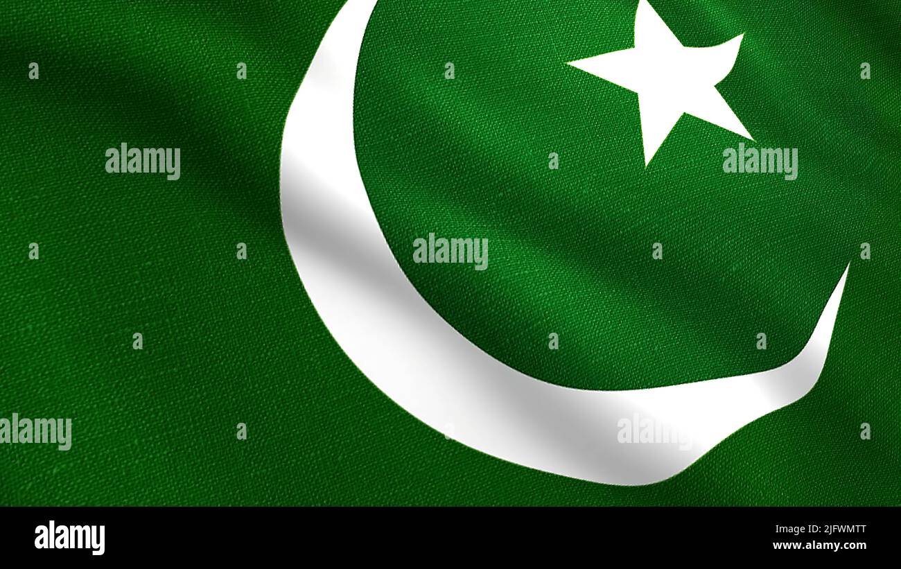 Pakistani flag cloth swaying in the wind. Motion. Crescent and a star on a green background
